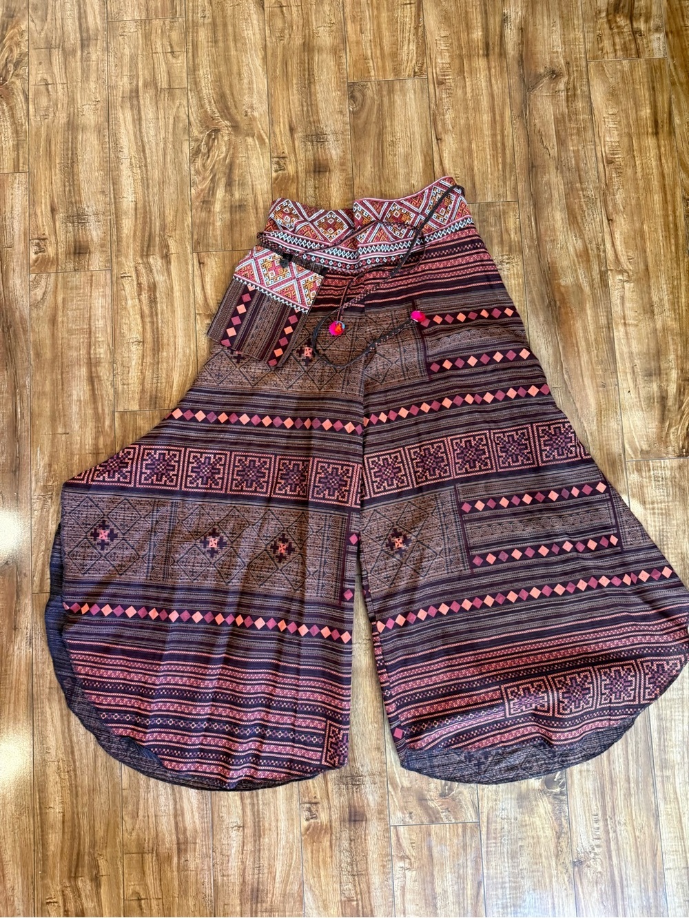 KAMANA Women’s Brown Orange Boho Wide Leg Aztec Print Cotton Pants Medium